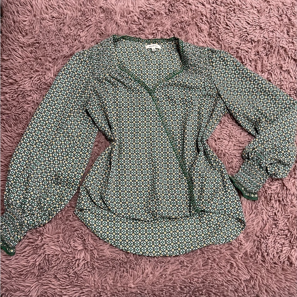 MAX Studio Women Green Print Long Sleeve Wrap Blouse